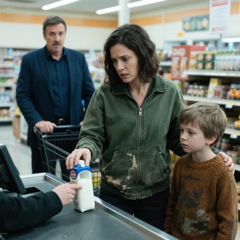 Com as mãos trêmulas, devolvi o leite que meu filho precisava para o jantar. O milionário arrogante de terno de 5.000 libras atrás de mim zombou, mas ninguém sabia que o passado secreto que nos conectava estava prestes a mudar tudo.