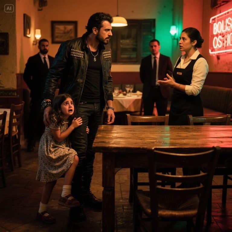 She crawled trembling under the biker’s table, begging him not to betray her. Seconds later, her billionaire stepfather burst in, demanding her return. What they found in her backpack would bring down an empire.