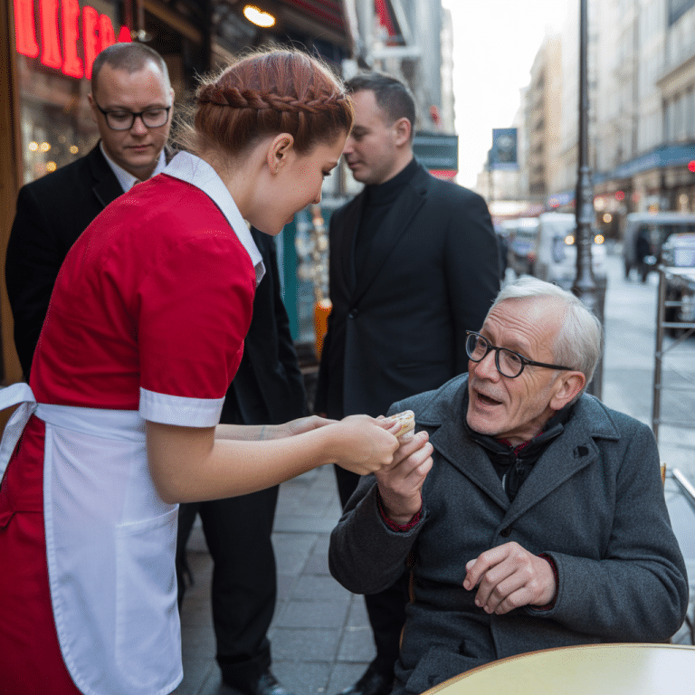 Une serveuse aide un vieil homme à porter ses bagages — Le lendemain, quatre gardes du corps se présentent à son café