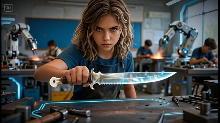 On demanda à la classe de forger une lame — La jeune fille humaine du Monde des Morts aiguisa un morceau d&rsquo;os