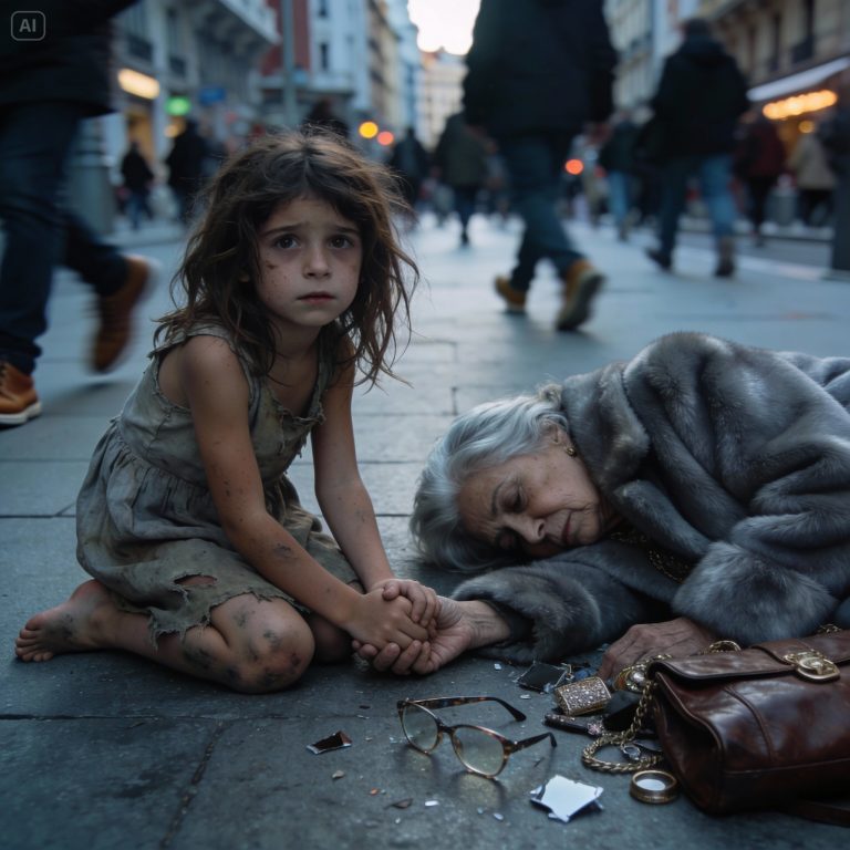 Ignored by thousands on Madrid’s Gran Vía: The barefoot girl who saved a tycoon’s wife with a simple prayer and inherited an empire of love.